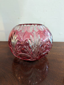 Bohemian Cranberry Cut Crystal Bowl with Leaf Pattern - SOLD