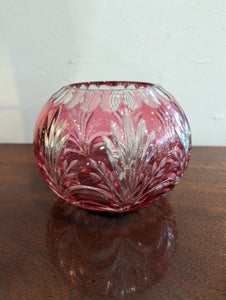 Bohemian Cranberry Cut Crystal Bowl with Leaf Pattern - SOLD