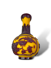 Load image into Gallery viewer, Chinese Chicken Fat Yellow Vase with Hand-Carved Crimson Flower and Bird Cameo Detail
