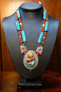 Coral, Turquoise and Silver Necklace