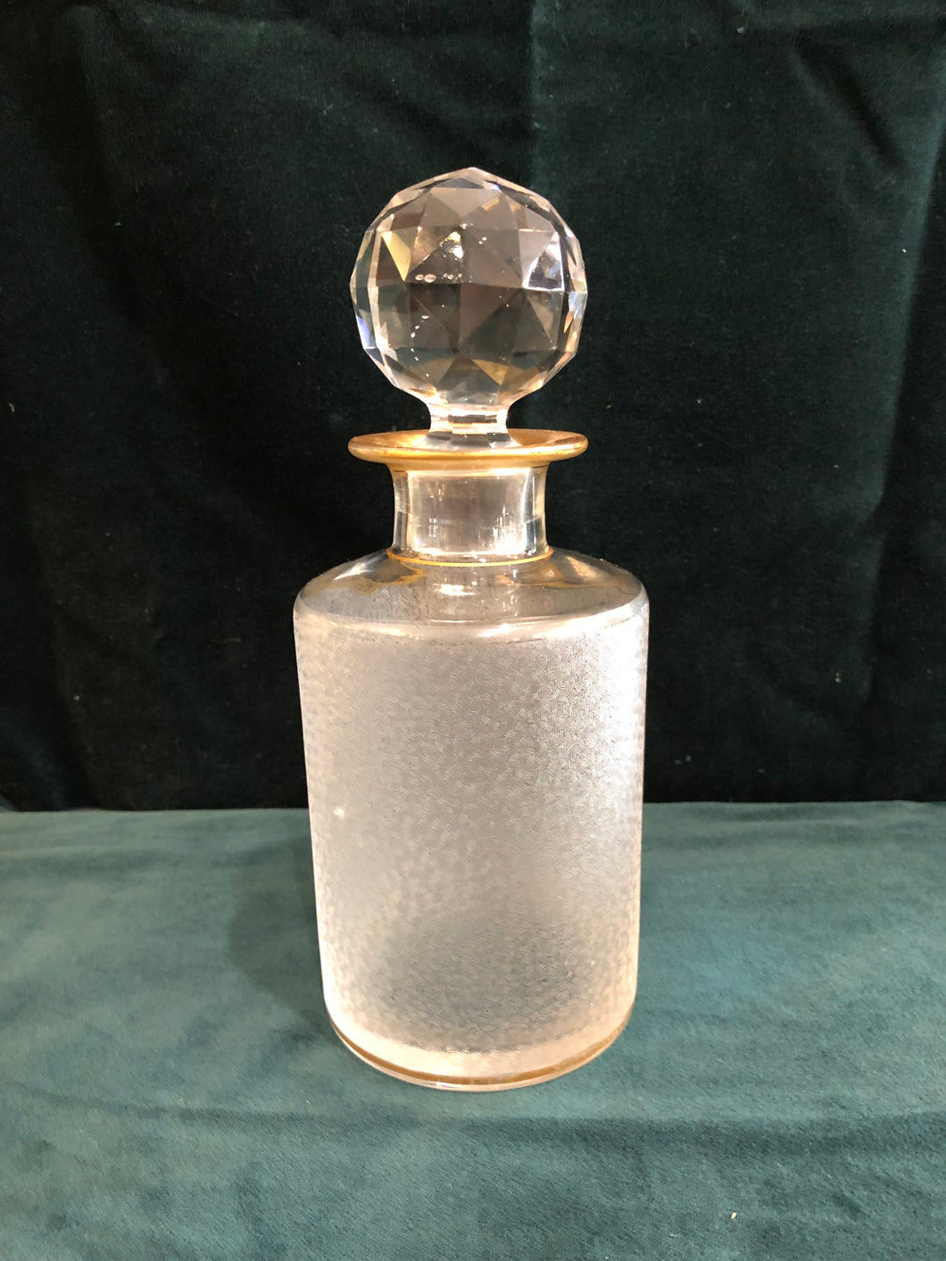 Acid-Etched Glass Decanter with Gold Trim and Glass Stopper