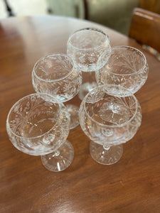 Set of Five Balloon Wine Glasses wit Etched Foliated Pattern - SOLD
