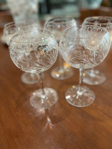 Set of Five Balloon Wine Glasses wit Etched Foliated Pattern