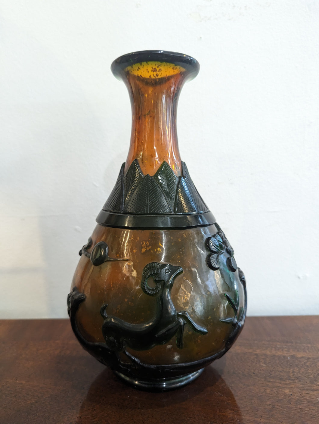 Green & Amber Chinese Hand Carved Cameo Glass Vase