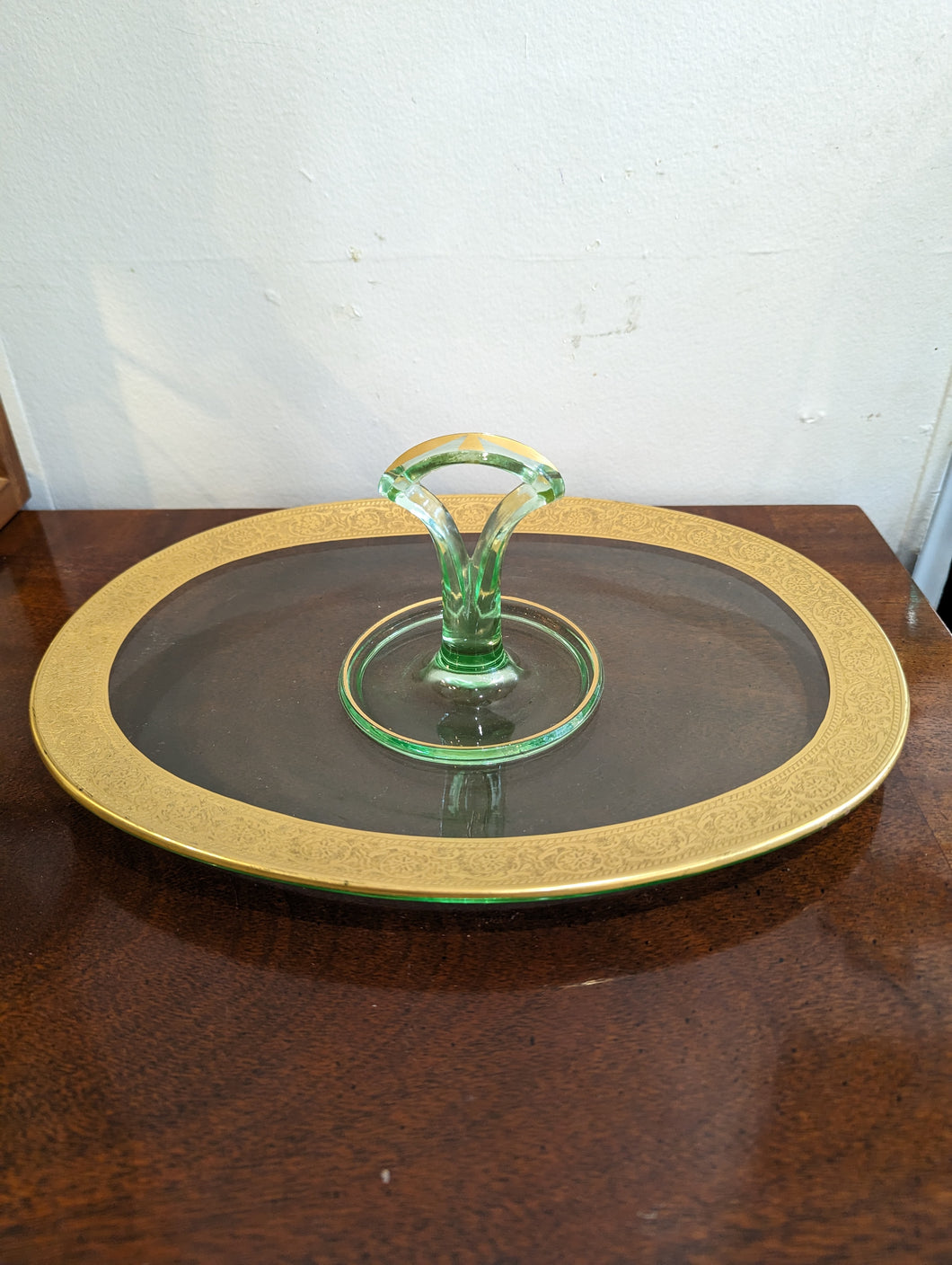 Uranium Glass Snack Dish with Middle Handle and Decorative Gilded Rim