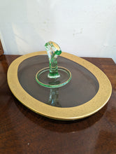 Load image into Gallery viewer, Uranium Glass Snack Dish with Middle Handle and Decorative Gilded Rim
