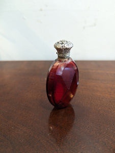 Victorian Ruby Glass Oval Scent Bottle w Silver Lid