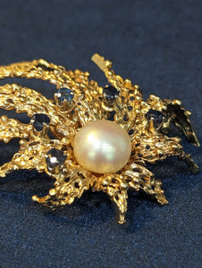 18KT Yellow Gold Pearl and Sapphire Brooch