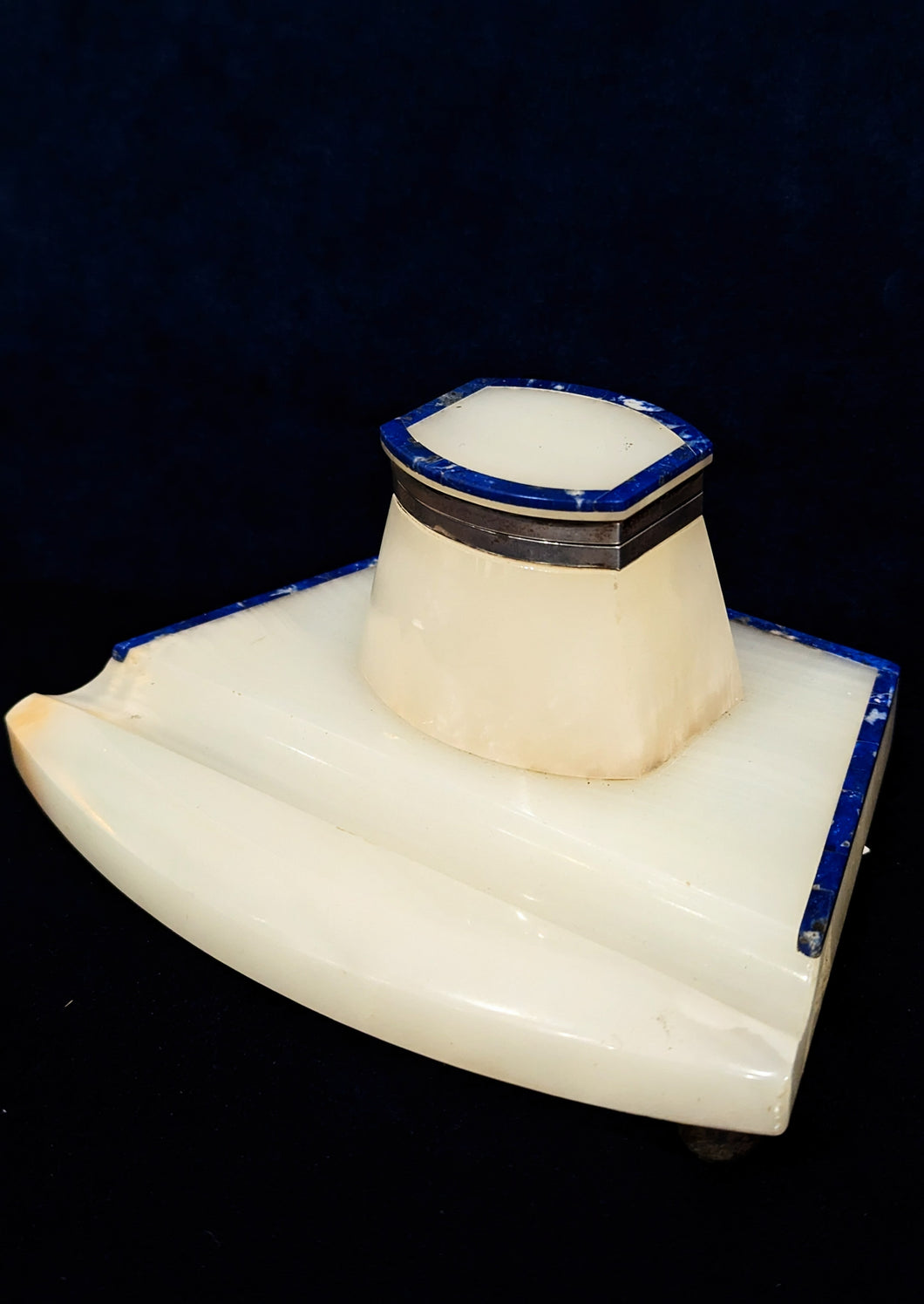 Alabaster Inkwell with Sterling Silver Rim and Lapis Lazuli Detail