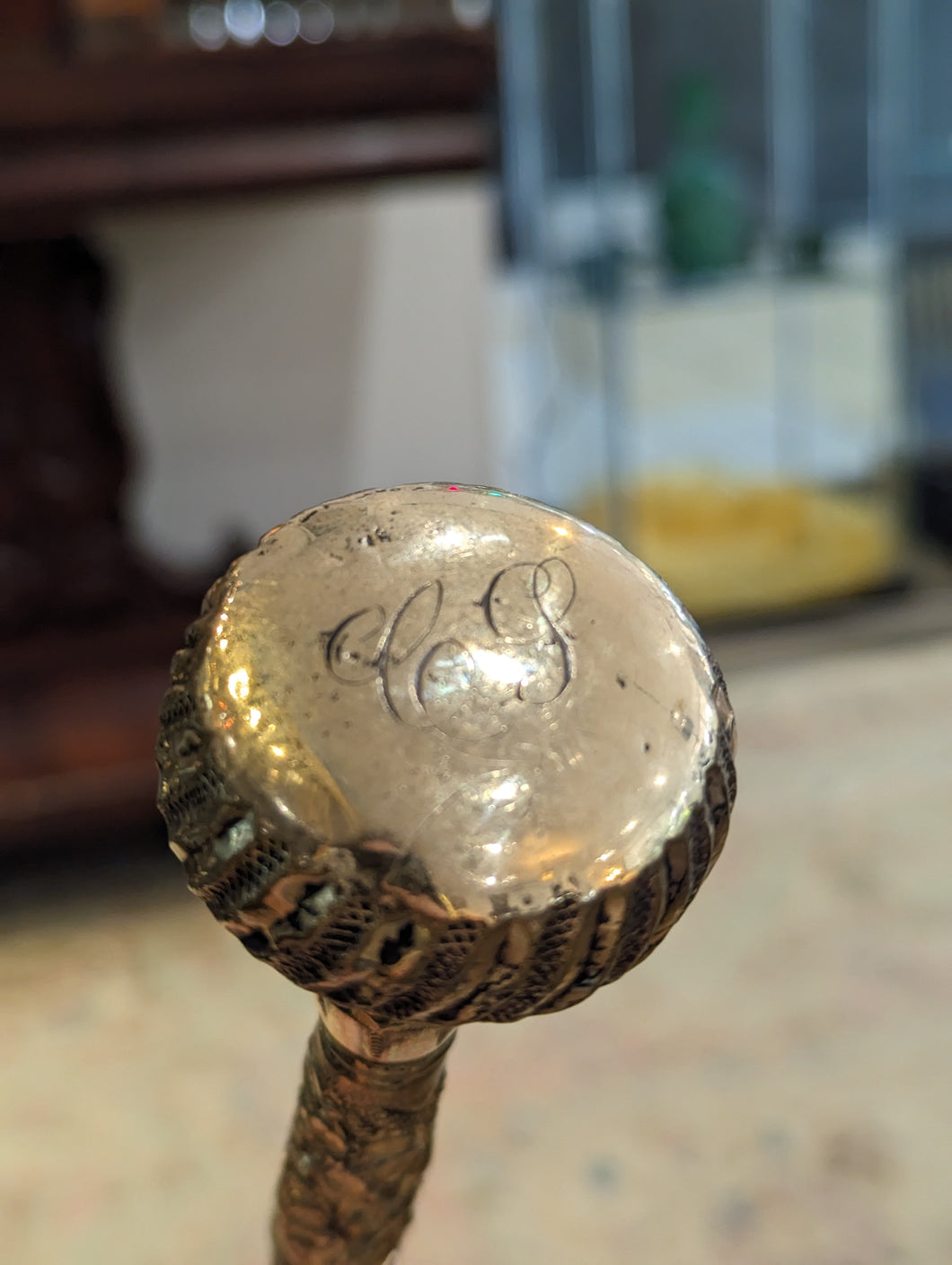 Wooden Walking Cane with Monogrammed Brass Knob Top