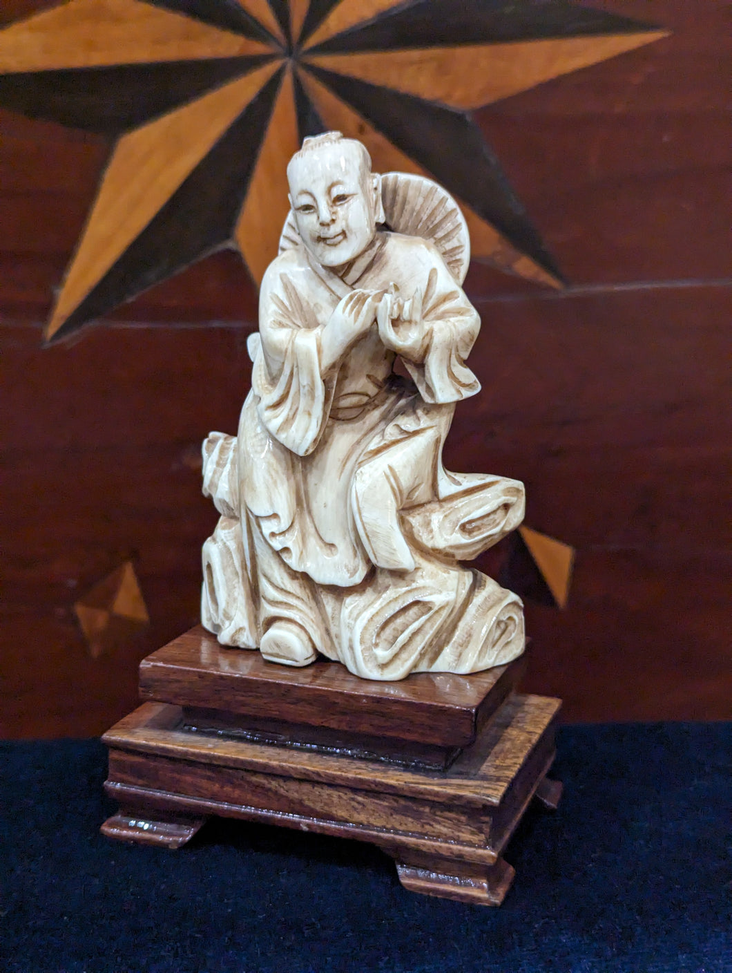 Japanese Carved Ivory Okinobo on Wood Stand