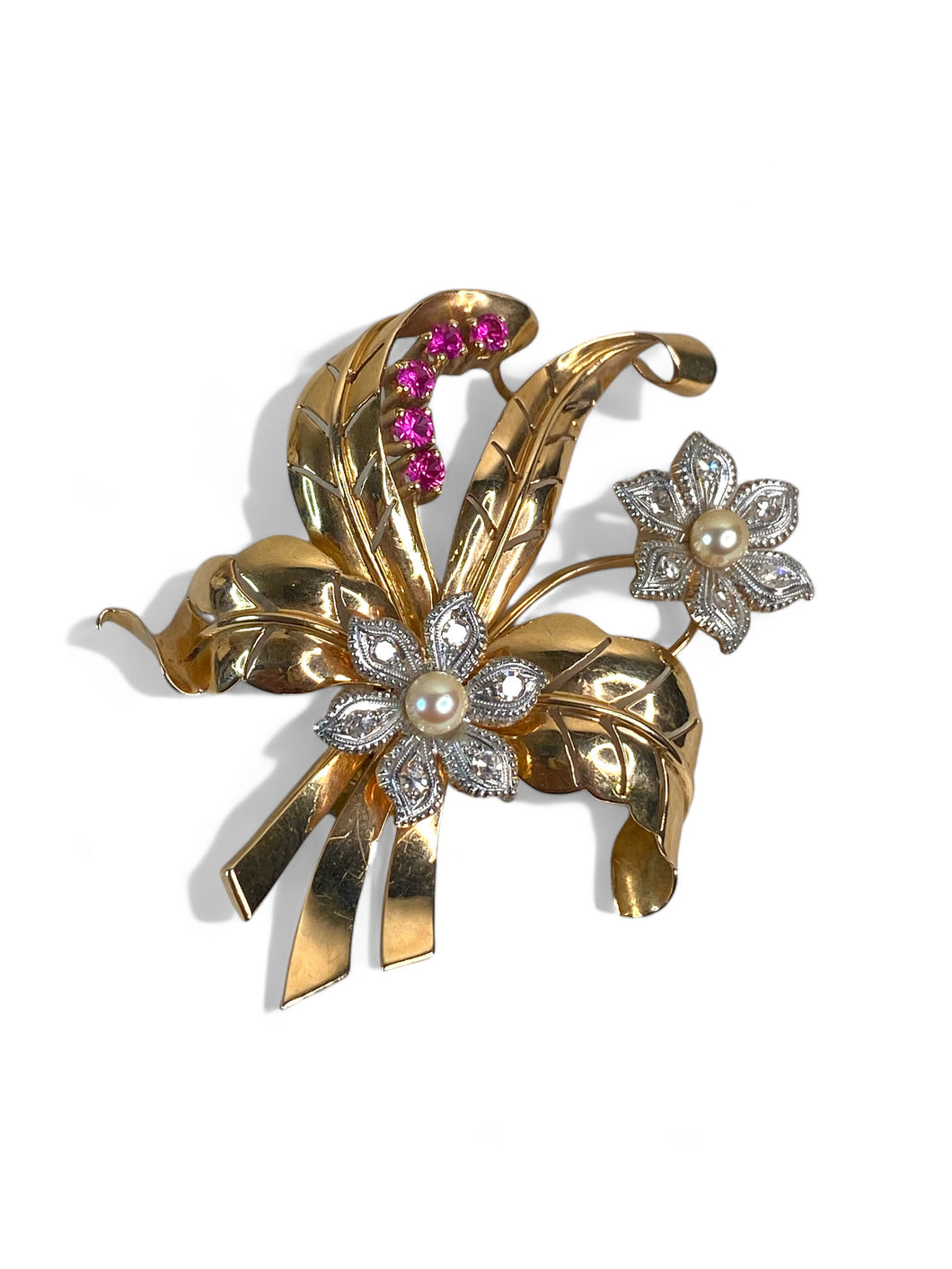 18kt YG Akoya Pearl, Diamond & Synthetic Ruby Brooch