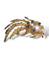 Load image into Gallery viewer, 18KT Yellow Gold Pearl and Sapphire Brooch
