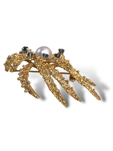 18KT Yellow Gold Pearl and Sapphire Brooch