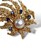 Load image into Gallery viewer, 18KT Yellow Gold Pearl and Sapphire Brooch
