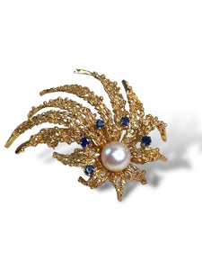 18KT Yellow Gold Pearl and Sapphire Brooch