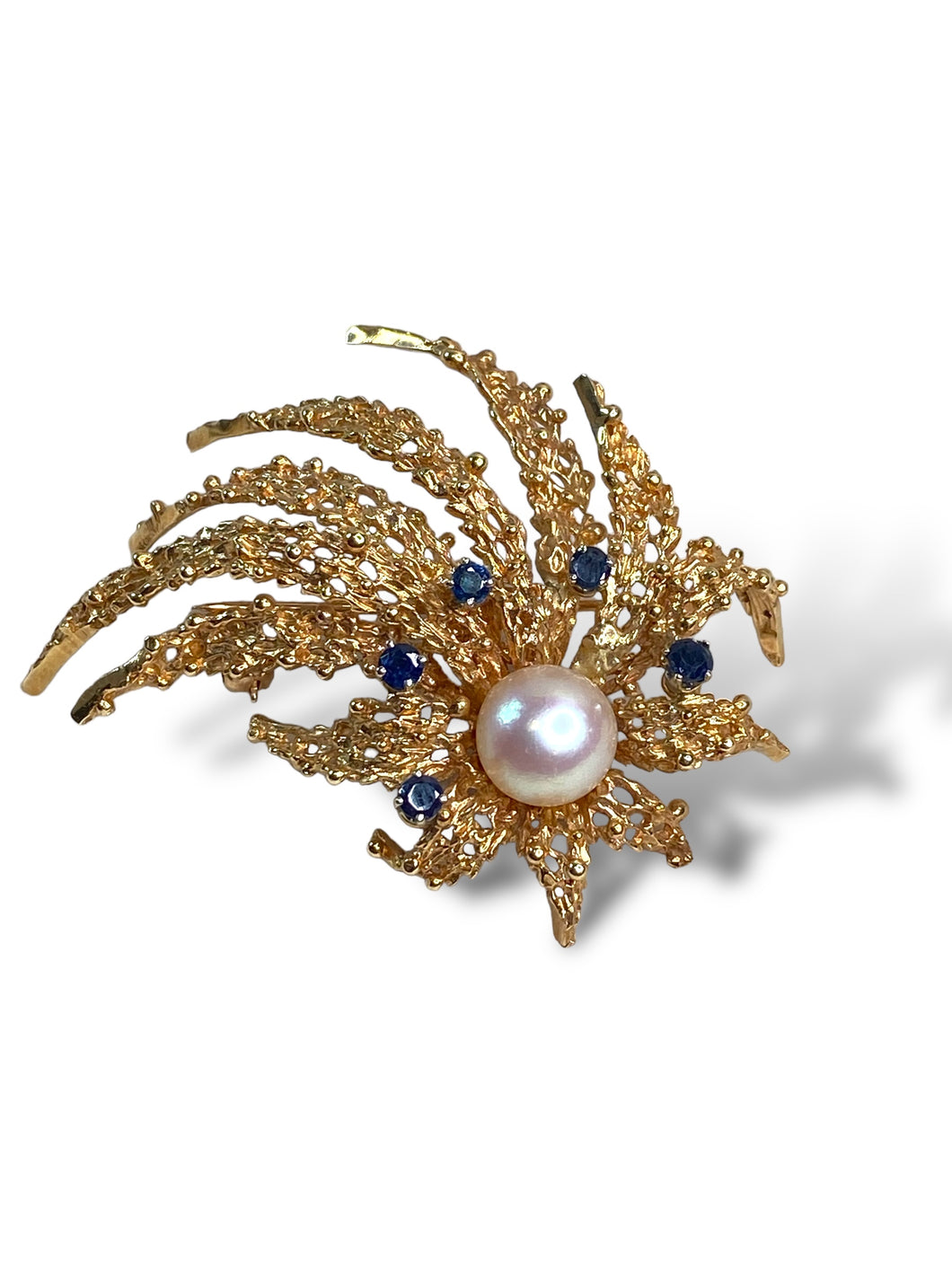 18KT Yellow Gold Pearl and Sapphire Brooch