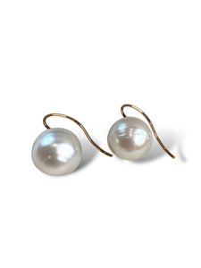 14.3mm Semi Baroque White Pearl Earrings with 9kt RG Hooks