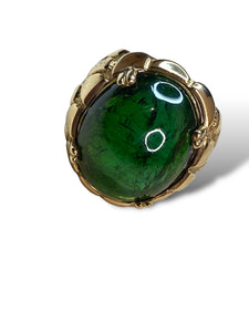 14K Yellow Gold & Cabochon Green Tourmaline Mens Ring