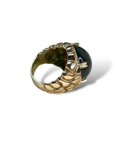 14K Yellow Gold & Cabochon Green Tourmaline Mens Ring