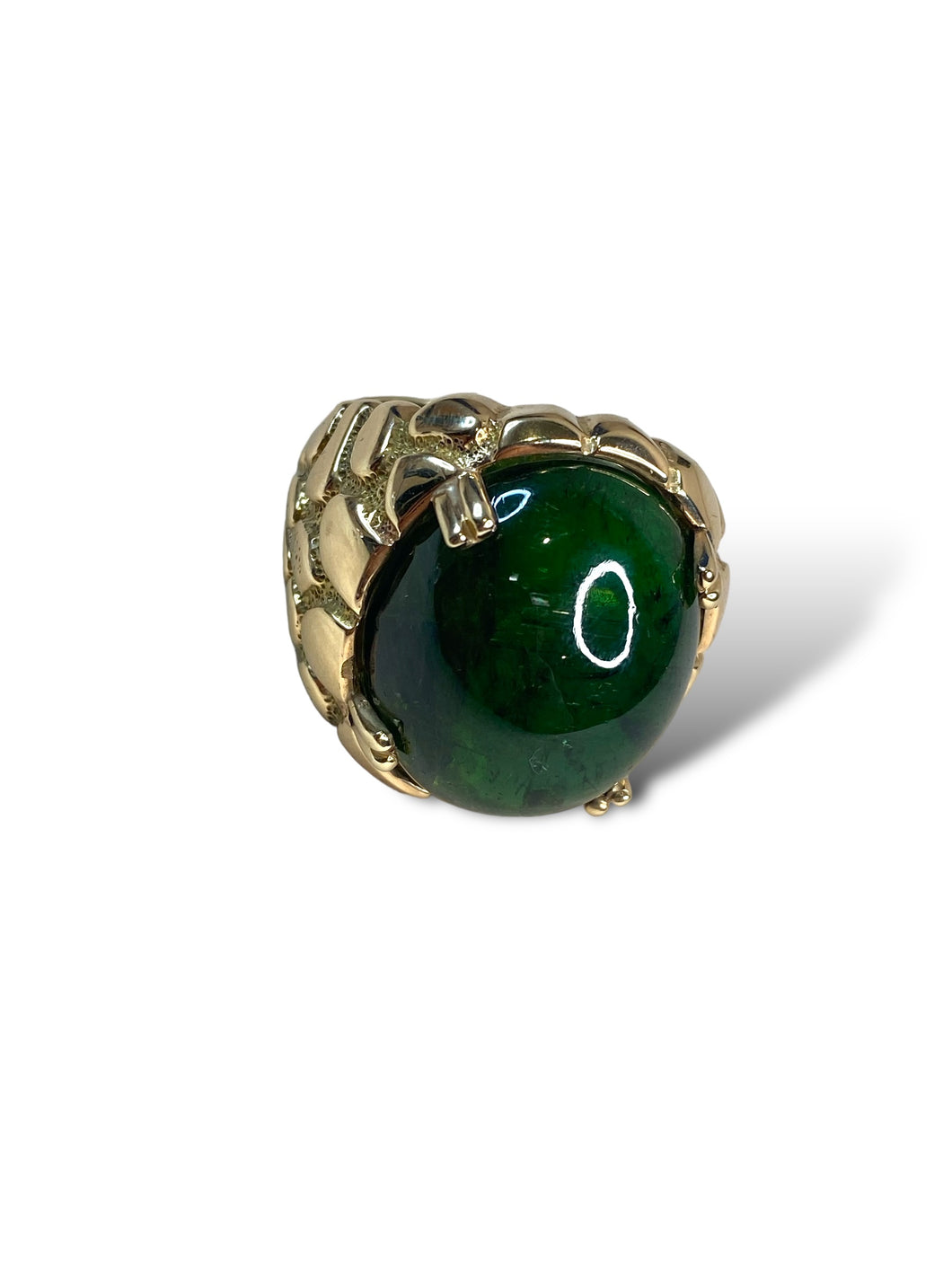 14K Yellow Gold & Cabochon Green Tourmaline Mens Ring