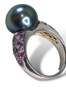 18kt WG Tahitian Pearl and Pink Sapphire Ring