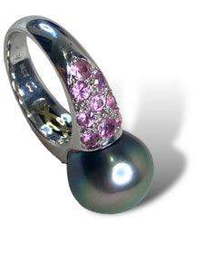 18kt WG Tahitian Pearl and Pink Sapphire Ring