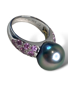 18kt WG Tahitian Pearl and Pink Sapphire Ring