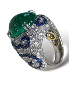 18kt WG Green Tourmaline, Diamond and Ceylon Sapphire Ring