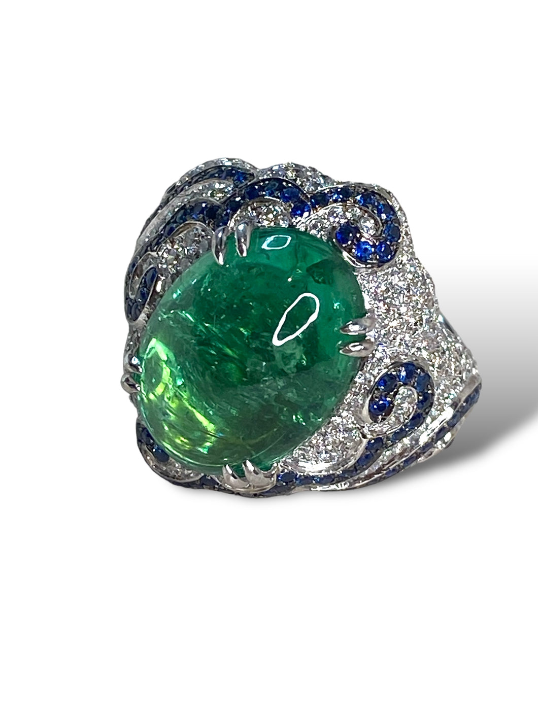 18kt WG Green Tourmaline, Diamond and Ceylon Sapphire Ring