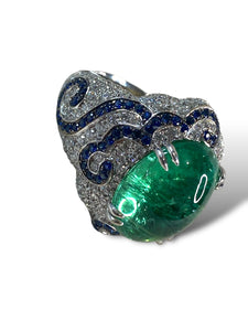 18kt WG Green Tourmaline, Diamond and Ceylon Sapphire Ring