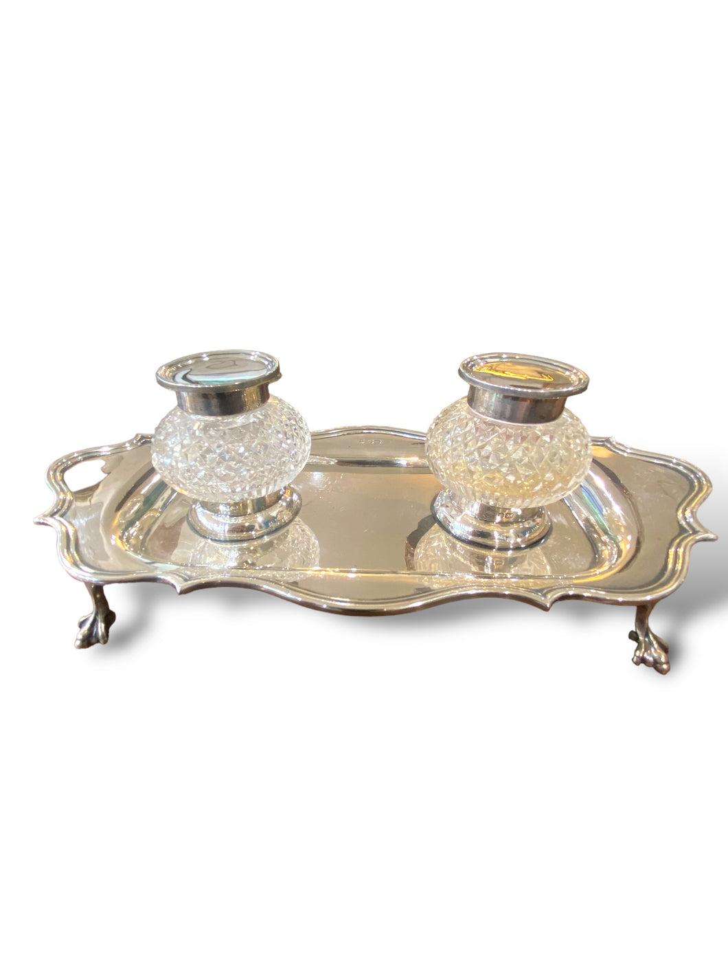 English Cut Crystal Inkwell on Sterling Silver Tray