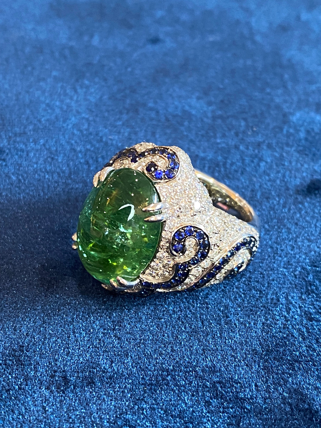 18K White Gold Green Tourmaline, Diamond & Sapphire Ring