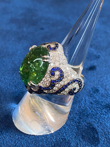 18K White Gold Green Tourmaline, Diamond & Sapphire Ring