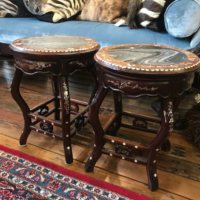 FO0077 Pair of Chinese Rosewood Stools with Mother of Pearl Inlay - Antiques and Possibilities