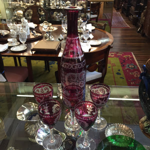 GP0522 Bohemian Ruby Red Cased Glass Decanter & Five Glasses - Antiques and Possibilities