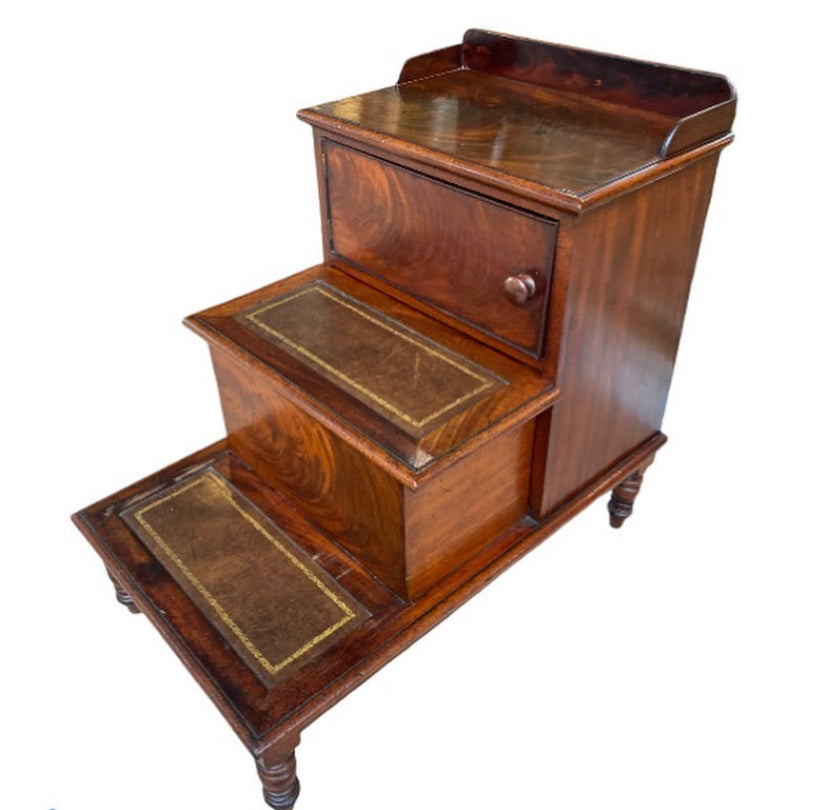 English Leather Inlaid Mahogany Veneered Bed Steps with Commode