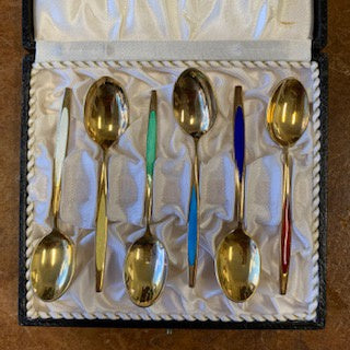 SF1279 Vintage Sterling Vermeil, Guilloche Hand Enamelled Demitasse Spoons - Antiques and Possibilities