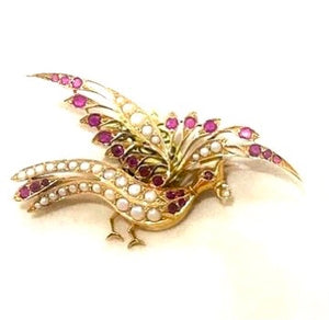 18K Yellow Gold Seed  Pearl and Ruby Bird of Paradise Brooch