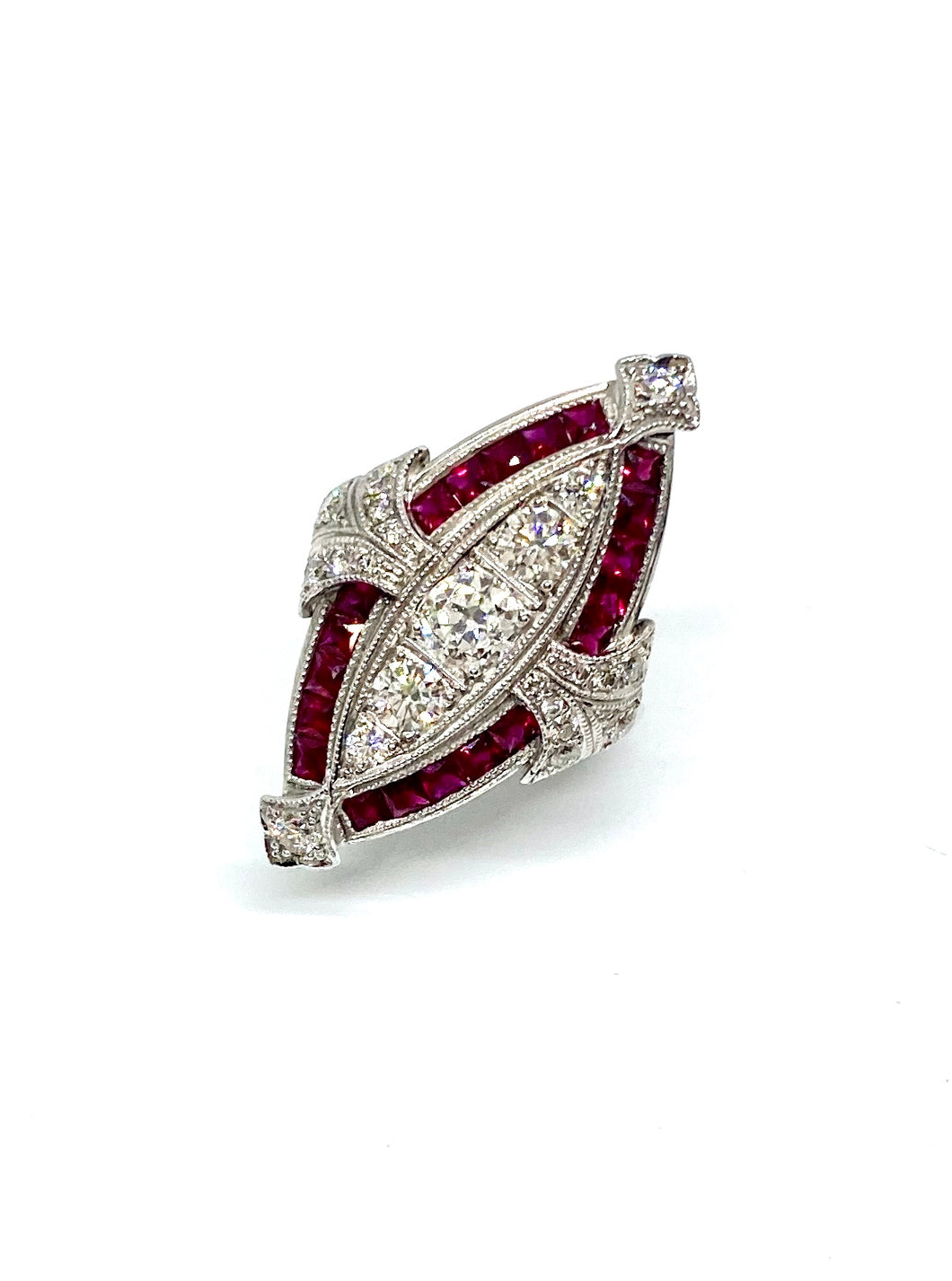 R1315 18kt WG Ruby and Diamond Deco Style Ring