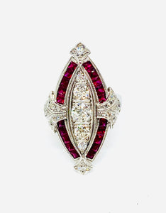 R1315 18kt WG Ruby and Diamond Deco Style Ring