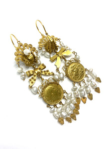 22kt Yellow Gold Pearl and Gold Coin Earrings - Antiques and Possibilities