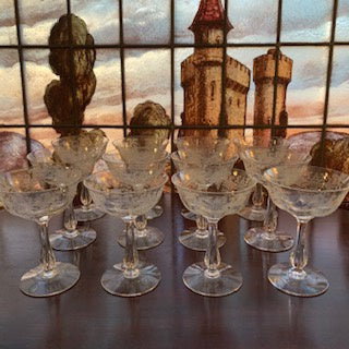 GP0033 12 Edwardian Hand Blown Acid Etched Crystal Champagne Coupes
