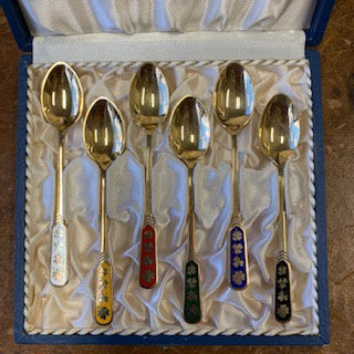 SF1274 Mid Century  Sterling Vermeil & Hand Enamelled Guilloche Demitasse Spoons in Clover Design