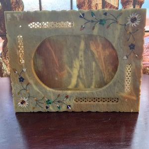 DC0060 Carved Hard Stone Photo Frame Inlaid with Malachite, Mother of Pearls, Lapis and Carnelian - Antiques and Possibilities