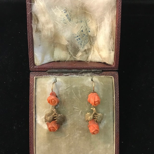 JE0057 Georgian Gold and Coral Earrings in Original Box - Antiques and Possibilities