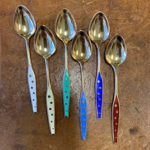 SF1286 Set of 6 Polychrome Gold Washed, Guilloche & Hand Enameled Sterling Demitasse Spoons
