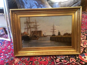 PM0276 Danish Oil Painting of Ships in Harbour - Antiques and Possibilities