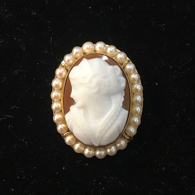 JB0176 14kt YG Cameo Brooch Pendant with Seed Pearls - Antiques and Possibilities