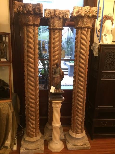 FO0042 Set of Three Mango Wood Columns with Sandstone Bases - Antiques and Possibilities